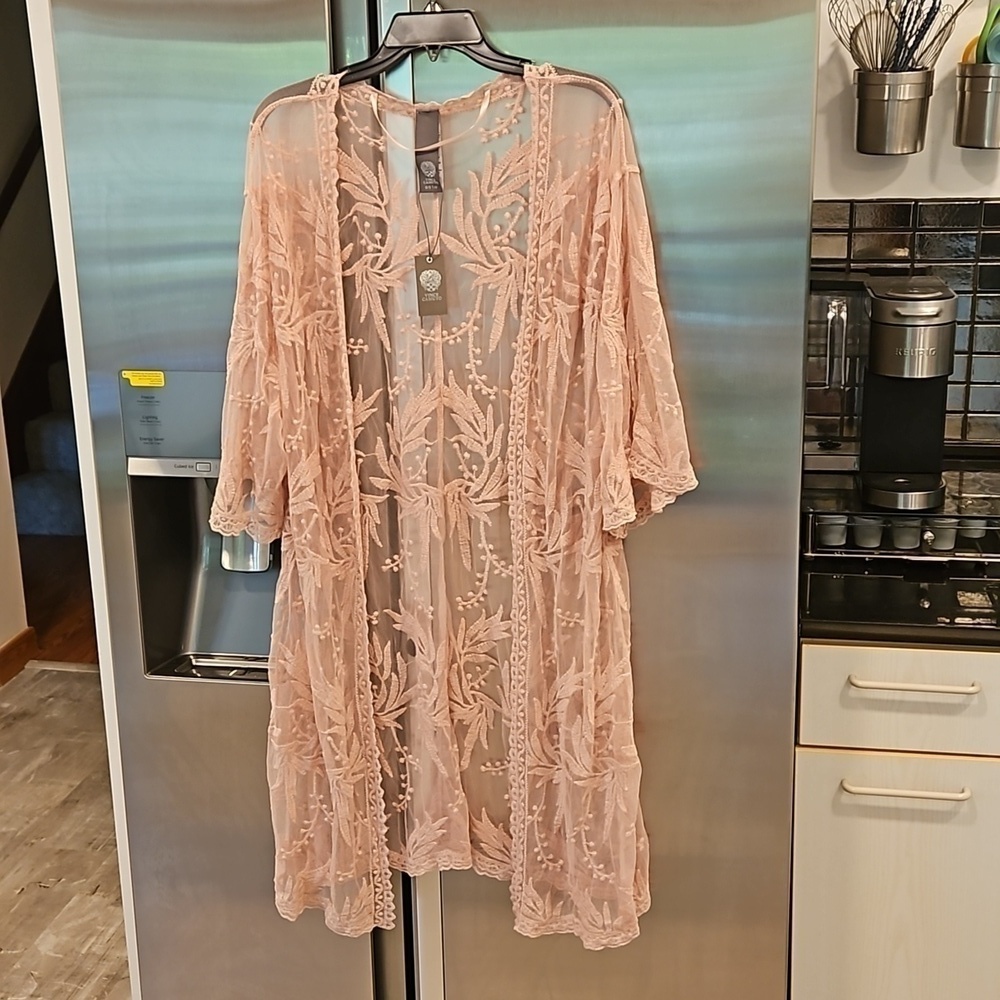 💕VINCE CAMUTO💕 Lace Embroidered Open Front Kimono Coverup ~ Cameo Rose O/S NWT
